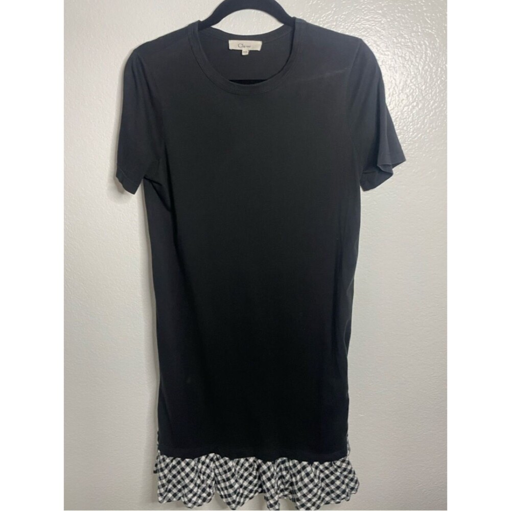Clu TOO Mixed Media Gingham Ruffle Hem T-Shirt Dress - Black/White XS